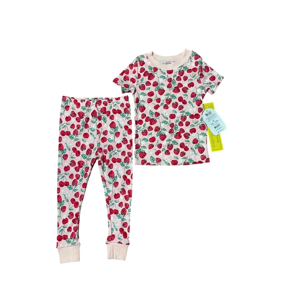 Wonder Nation Toddler Girls 2T Strawberry‎ Cherry Pajama Set  2PC 100%cotton NEW